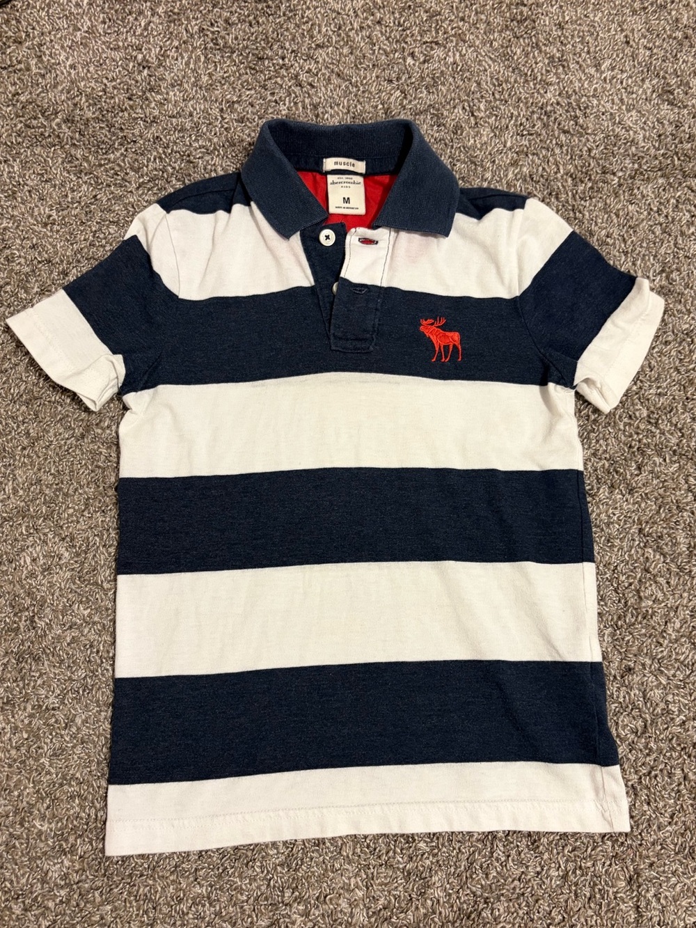 Abercrombie & Fitch Navy and White Striped Polo with Red Moose